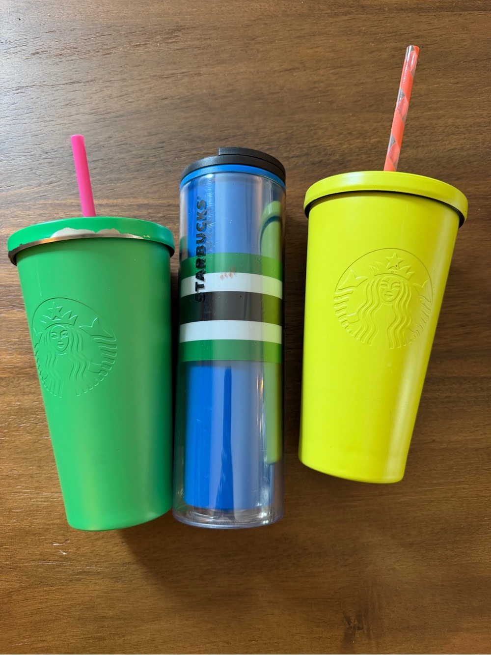 Lot of 3 Starbucks Reusable Travel Tumblers Green Blue Yellow metal and plastic
